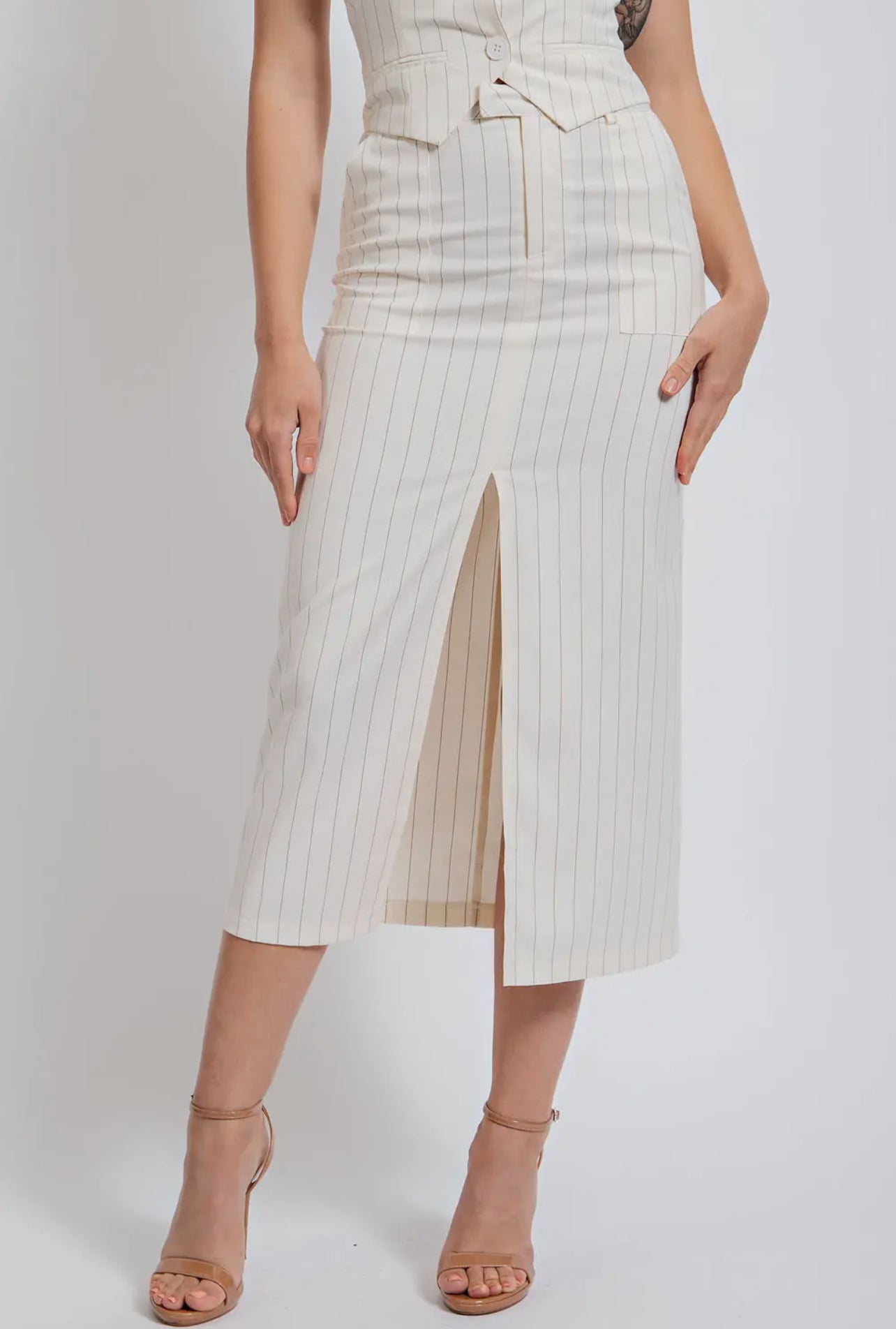 Pinstripe Midi Skirt with Front Slit