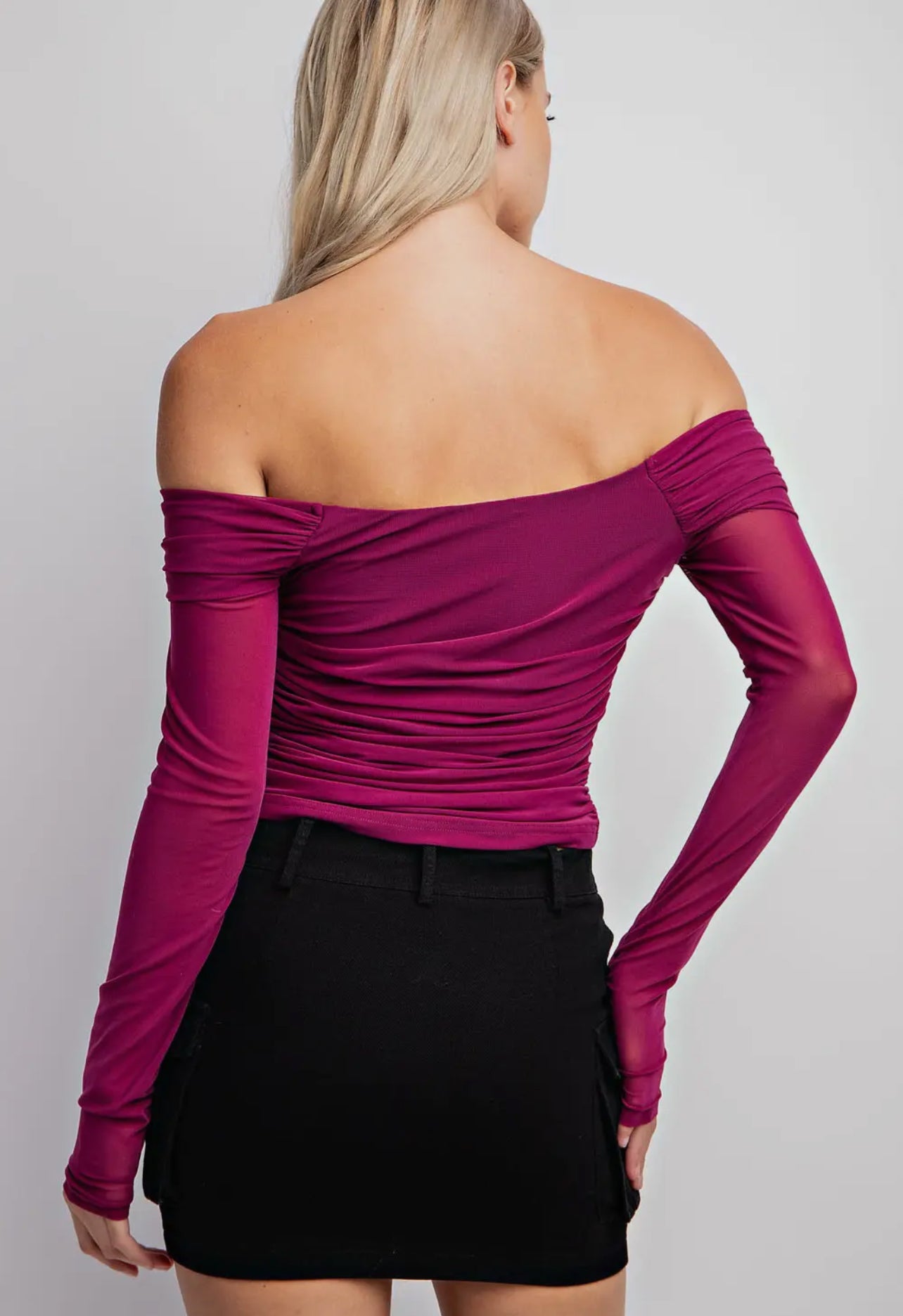 Mesh Off Shoulder Draped Long Sleeve Top