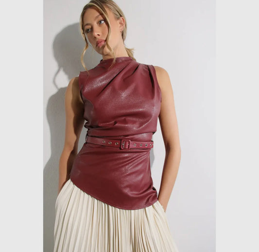 “Burgundy Leather Asymmetrical Top & Pleated Maxi Skirt Set”