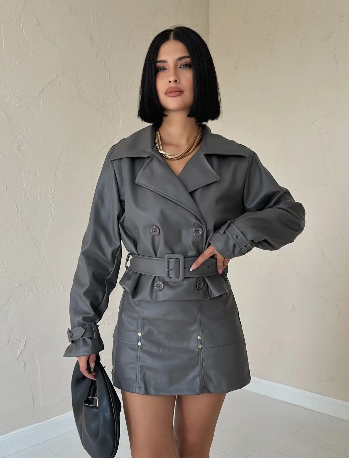 Faux Leather Jacket and Mini Skirt Set