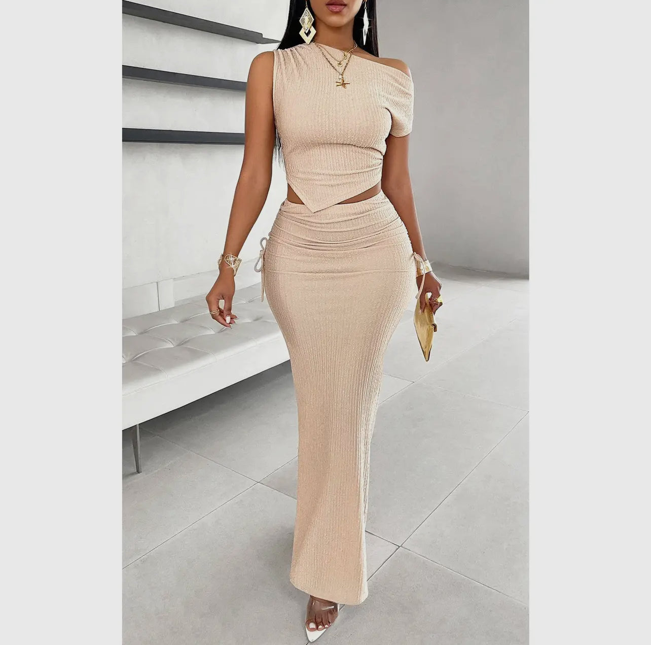 One Shoulder Pleated Ruched Bodycon
Long Skirt Set