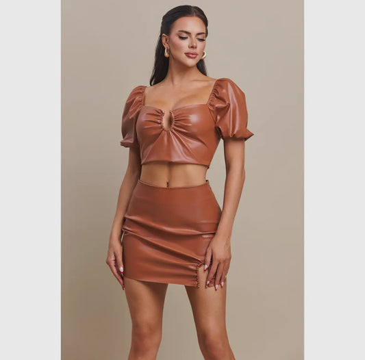 Caramel Luxe Faux Leather Two-Piece Set