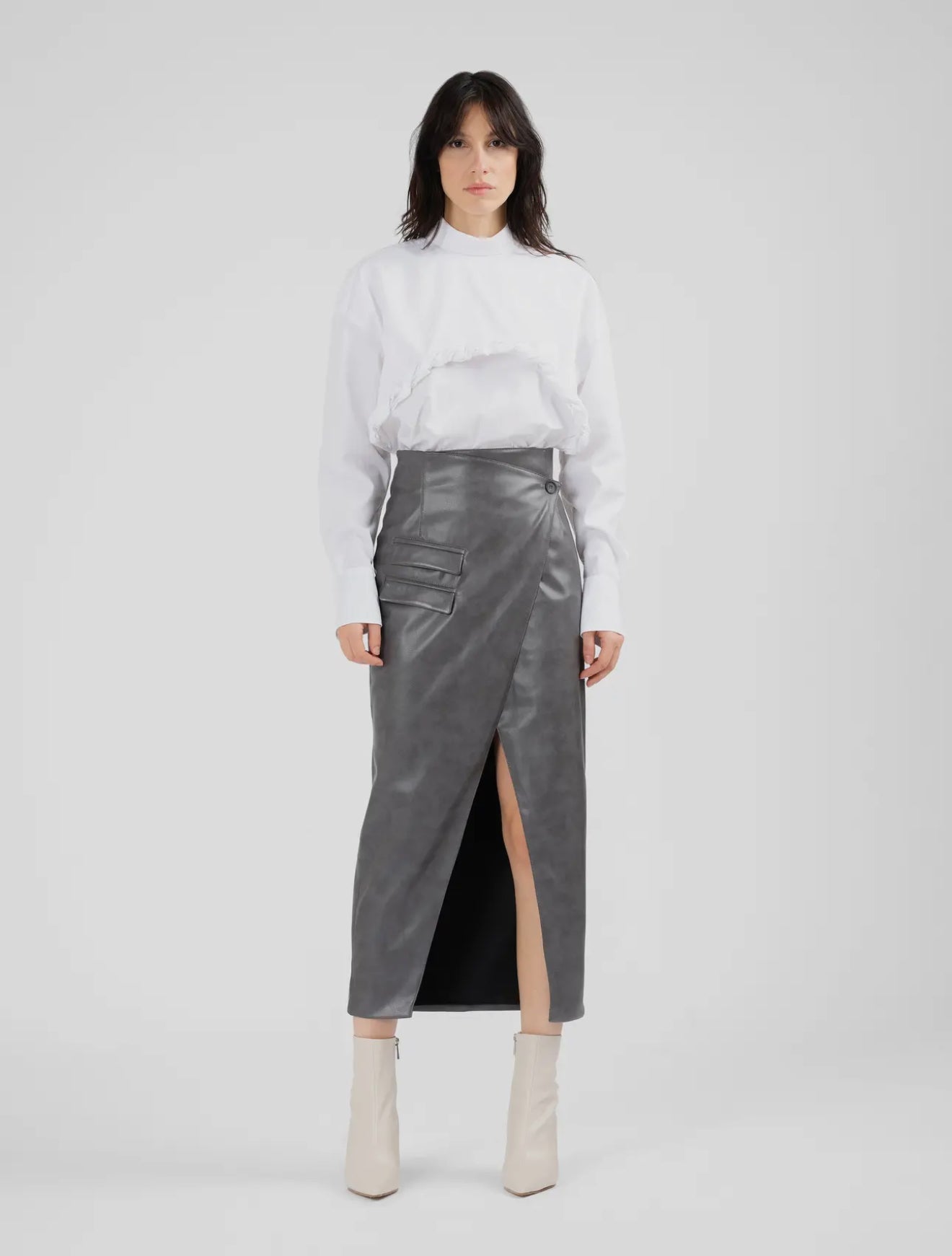 Werd Vegan Leather Jacket& Zied Grey Vegan Leather Wrap Skirt