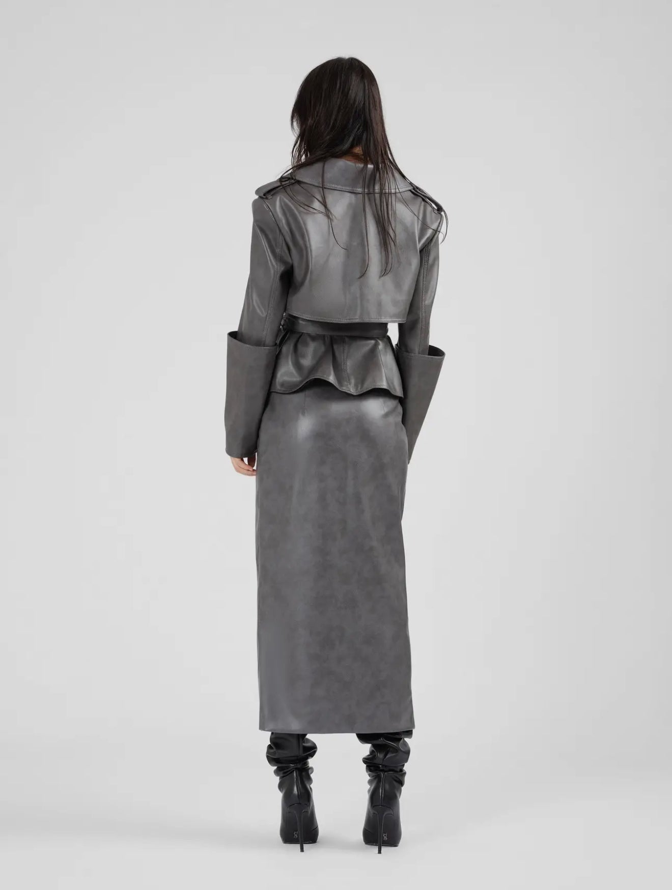 Werd Vegan Leather Jacket& Zied Grey Vegan Leather Wrap Skirt