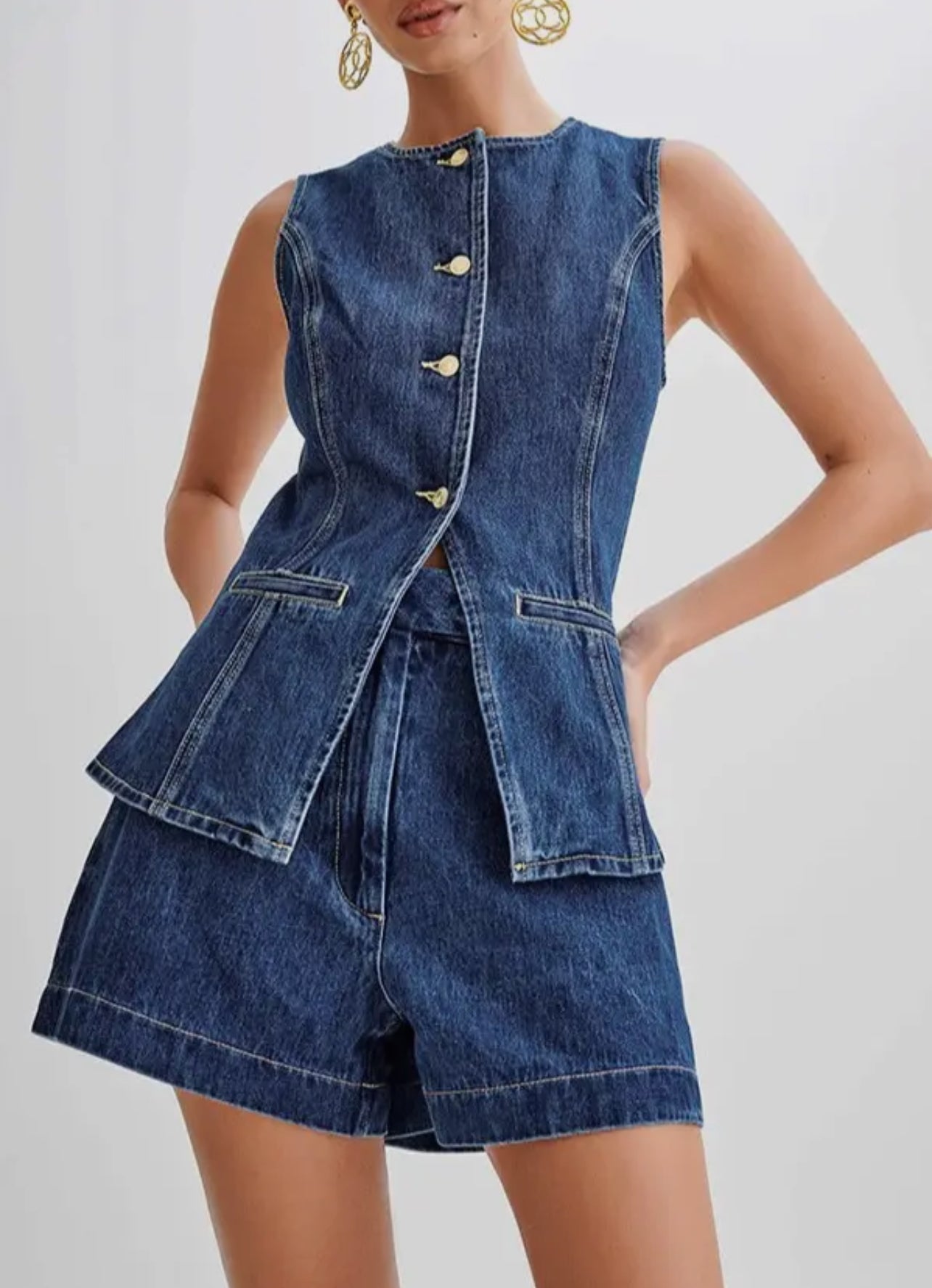 Stylish Denim Sleeveless Top High-Waisted Shorts Set