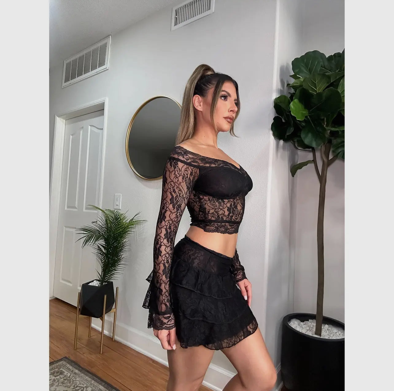 Lace Off Shoulder Top W Tier Mini Skirt