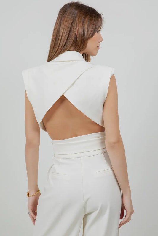White Sleeveless Wrap Blazer Top & High-Waist Pants Set