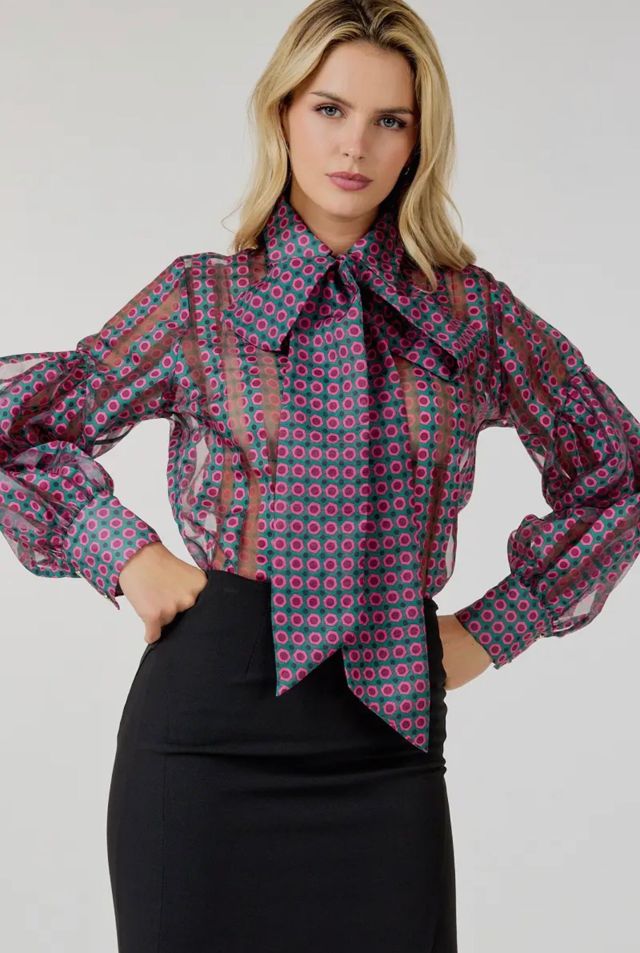 See-Through Printed Top with Bow tie details