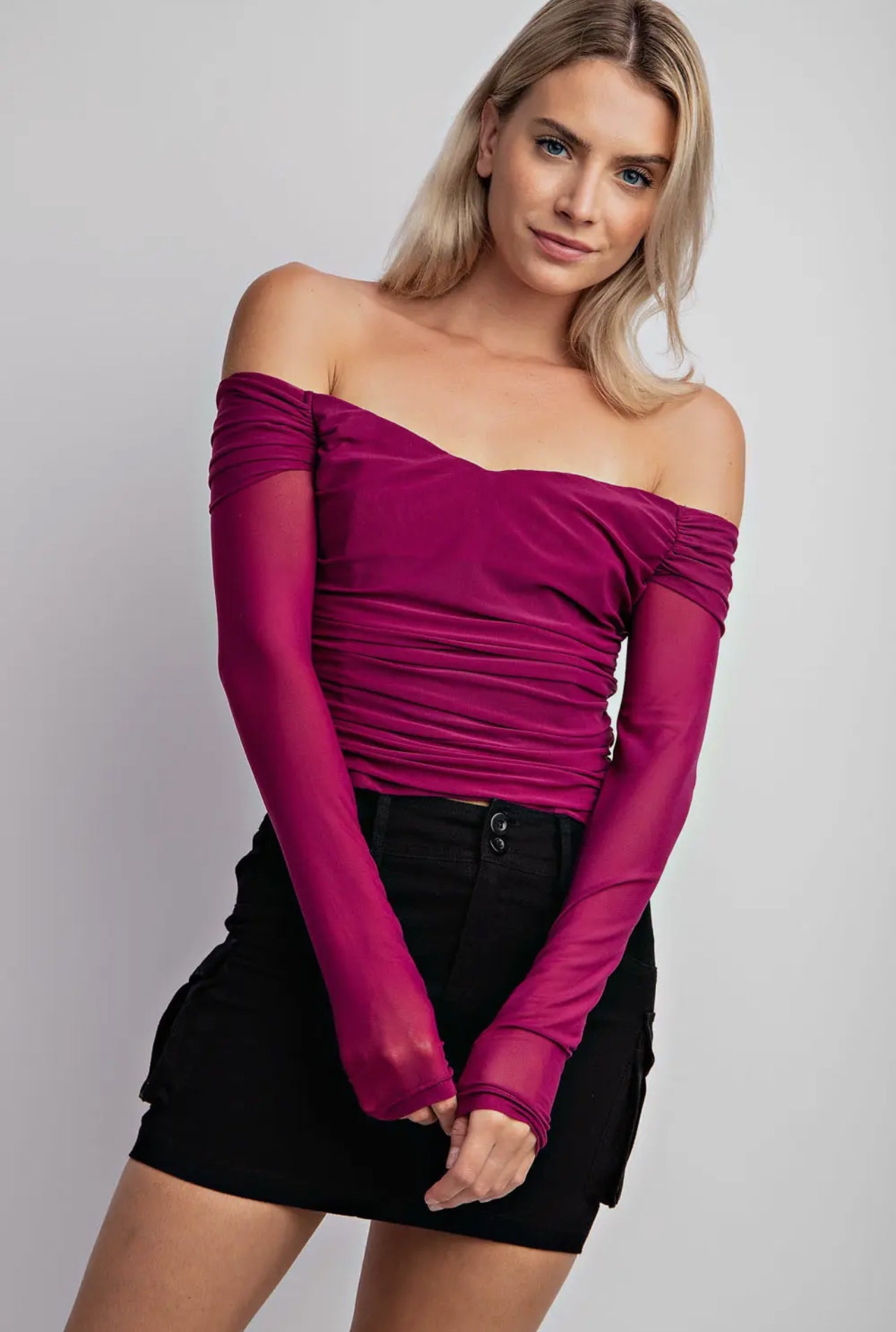 Mesh Off Shoulder Draped Long Sleeve Top