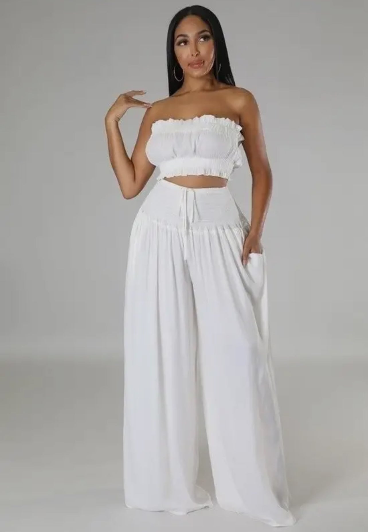 Off White Two Piece Crop Top/Pant Set