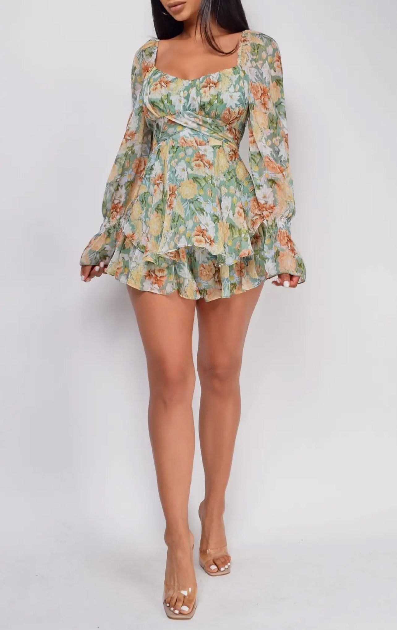 Floral Ruffle Off the Shoulder Shirred
Chiffon Romper