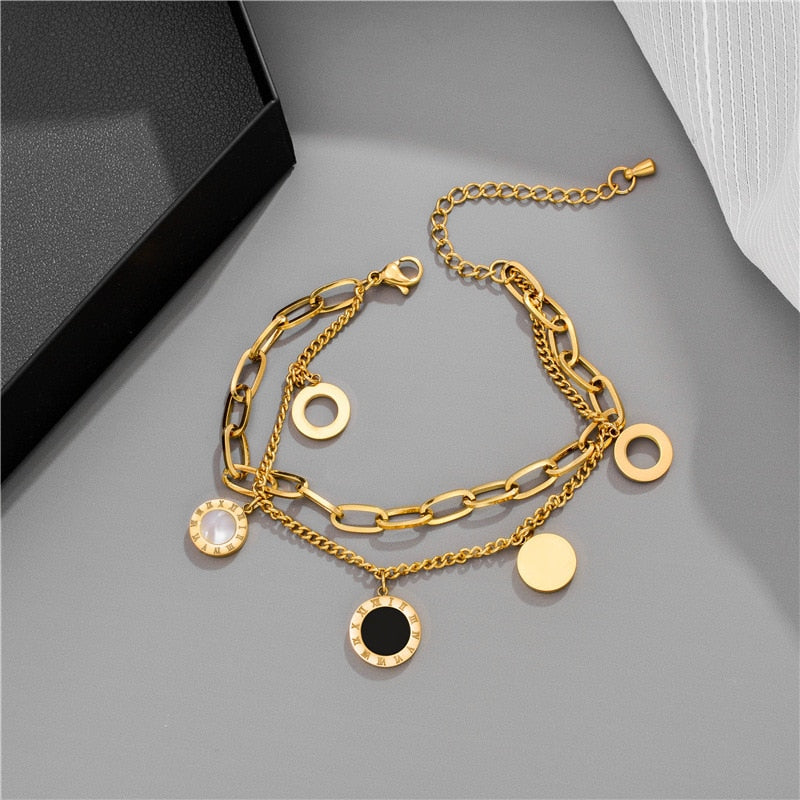 Stainless Steel Layered Golden Pendant Bracelet