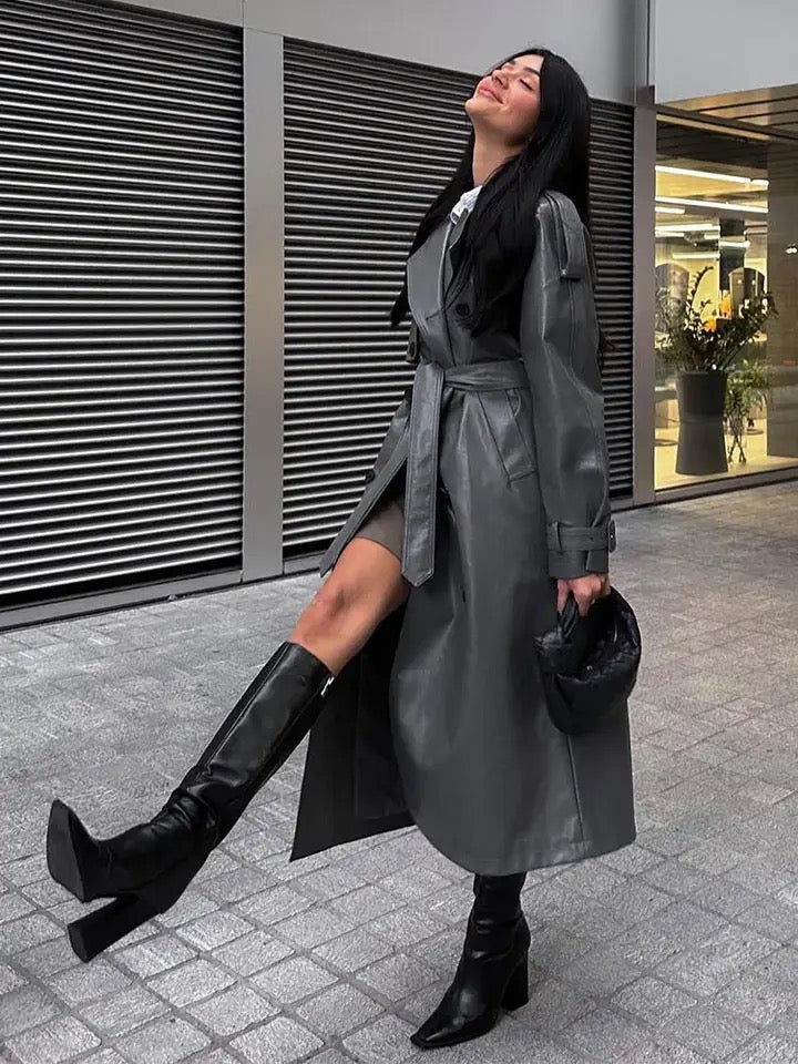 Belt leather coat