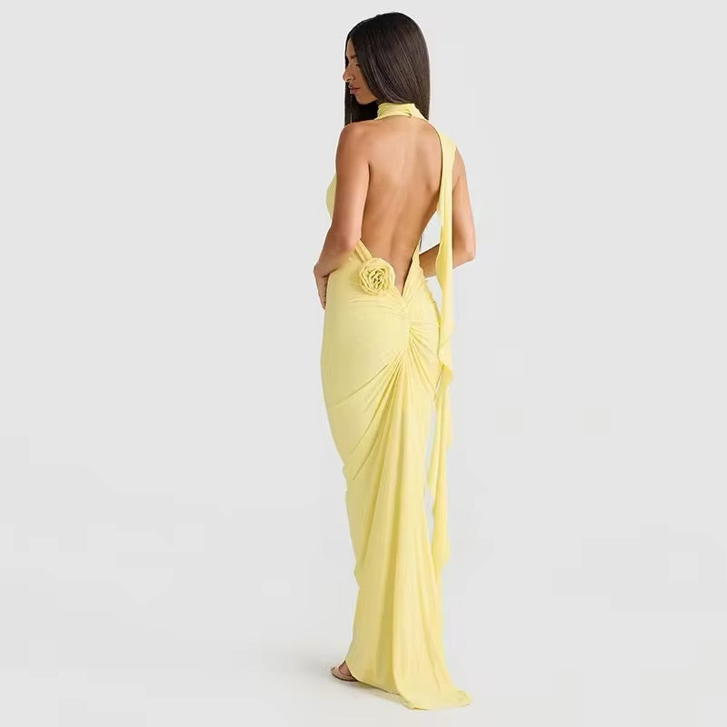 tie flower backless dress