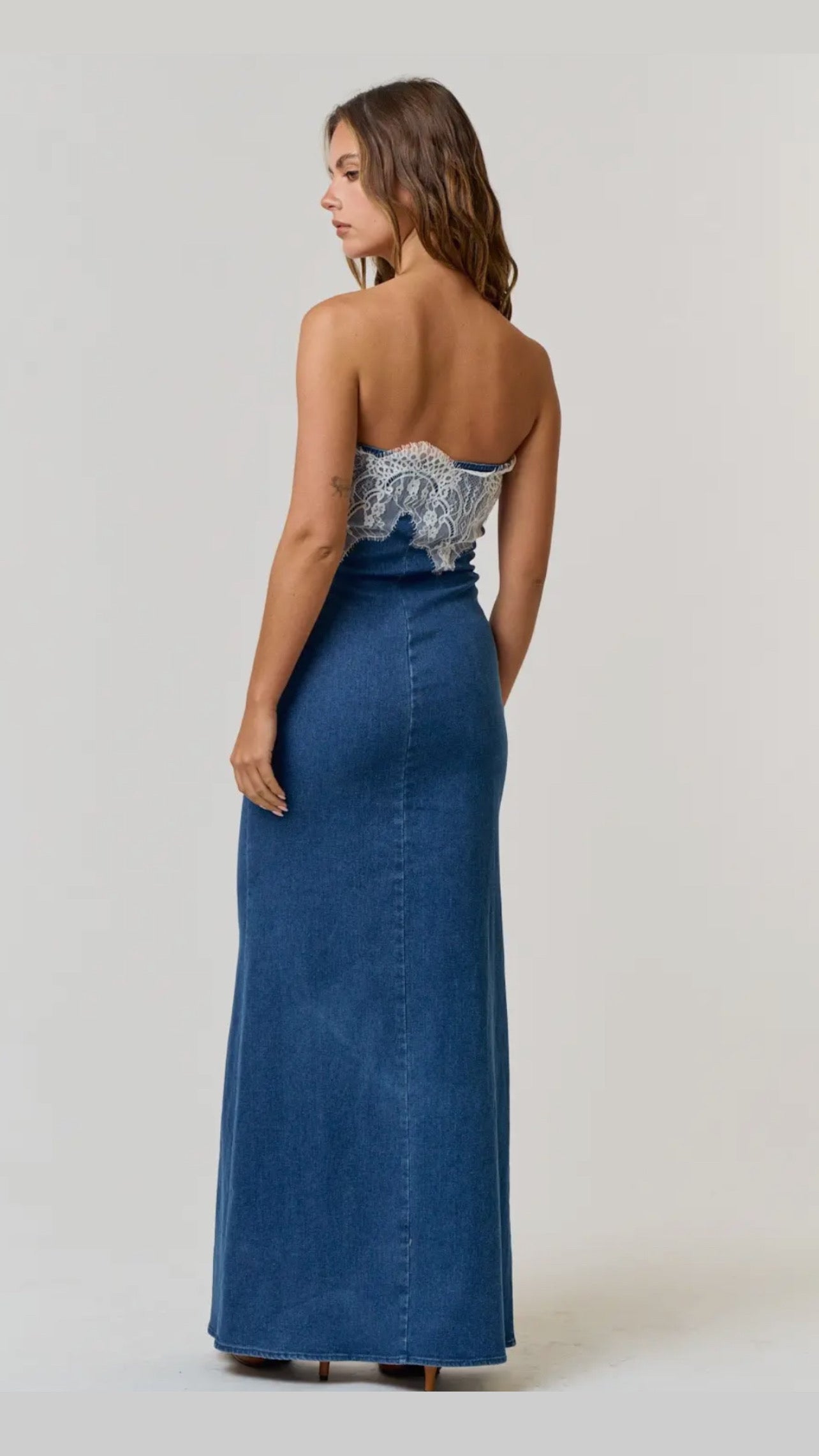 Stretch Denim Lace Detail
Tube Maxi Dress