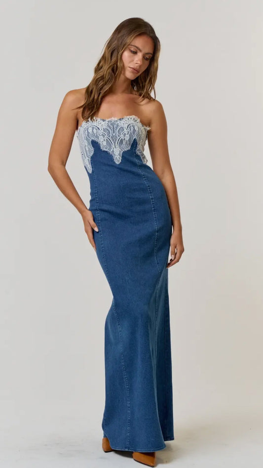 Stretch Denim Lace Detail
Tube Maxi Dress