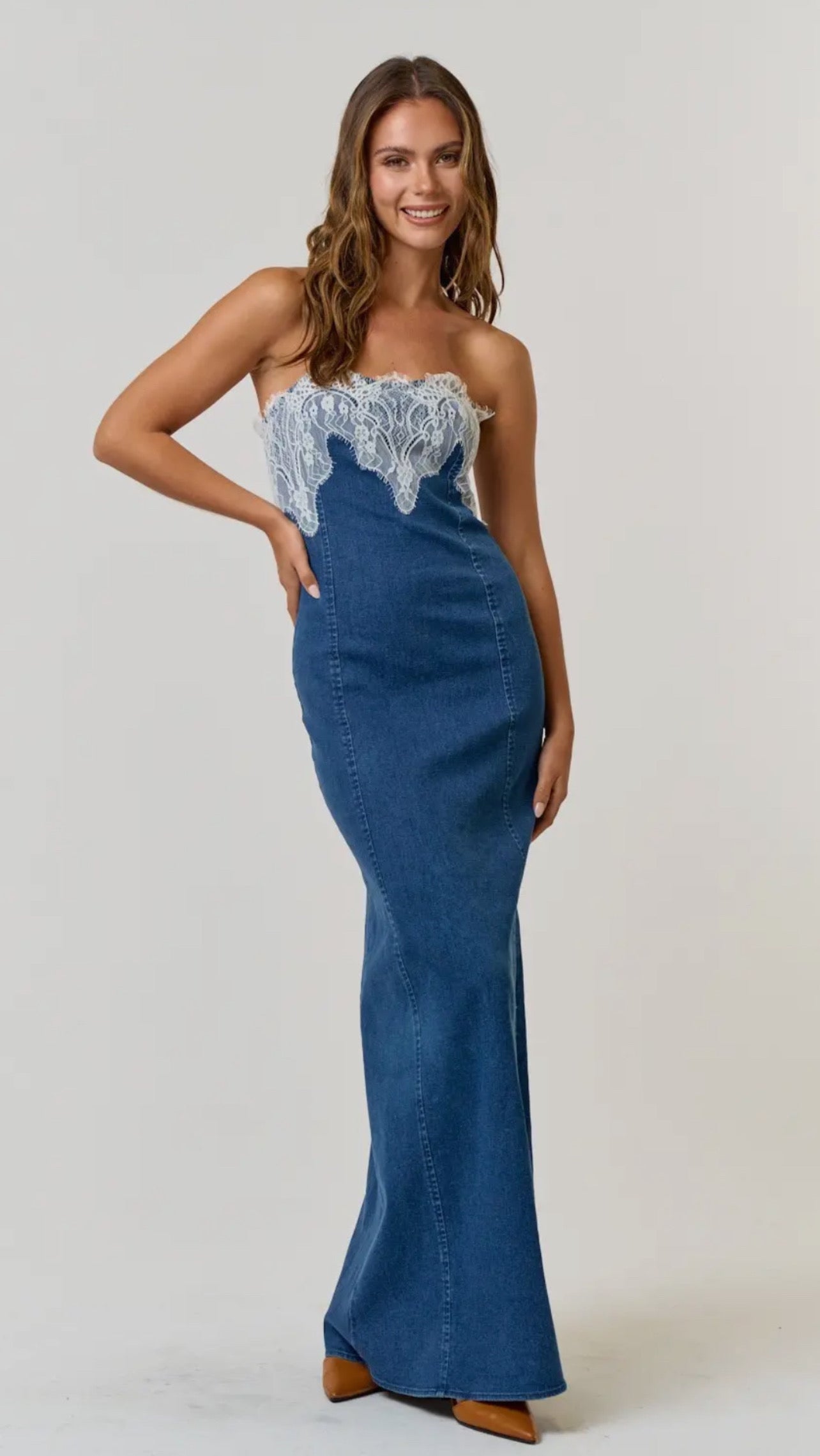 Stretch Denim Lace Detail
Tube Maxi Dress