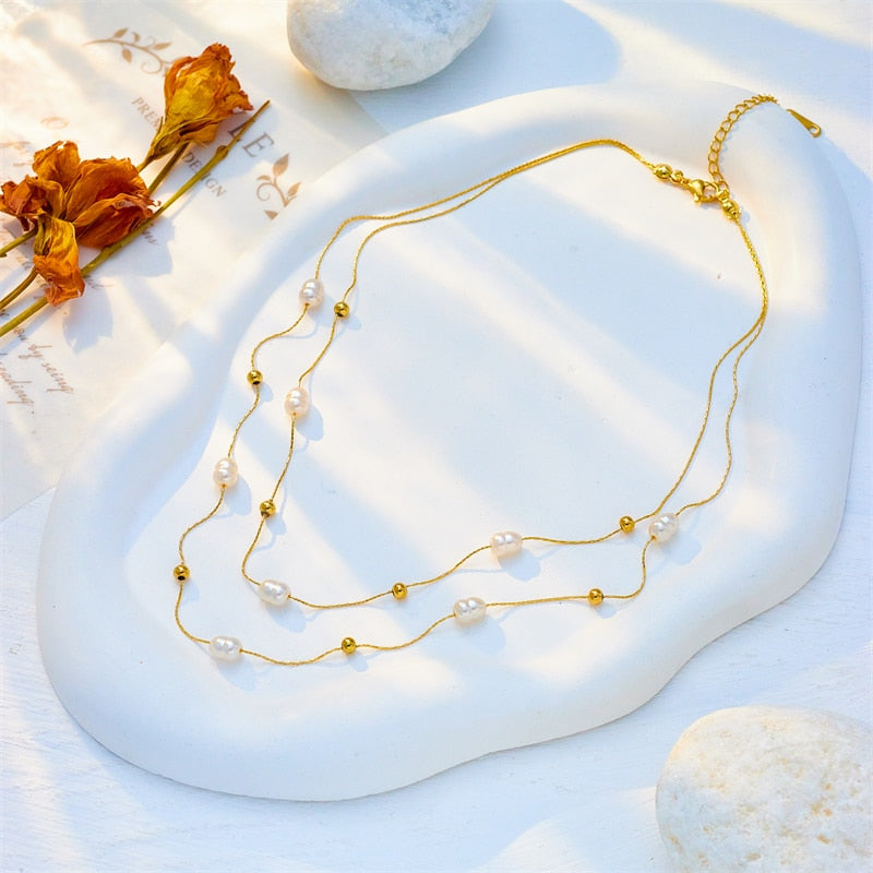 Stainless Steel Double Layer Pearl Necklace