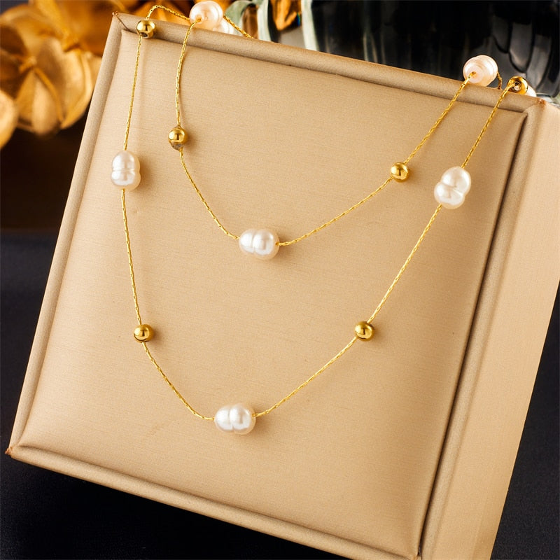 Stainless Steel Double Layer Pearl Necklace