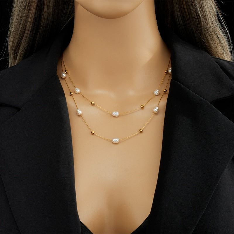 Stainless Steel Double Layer Pearl Necklace